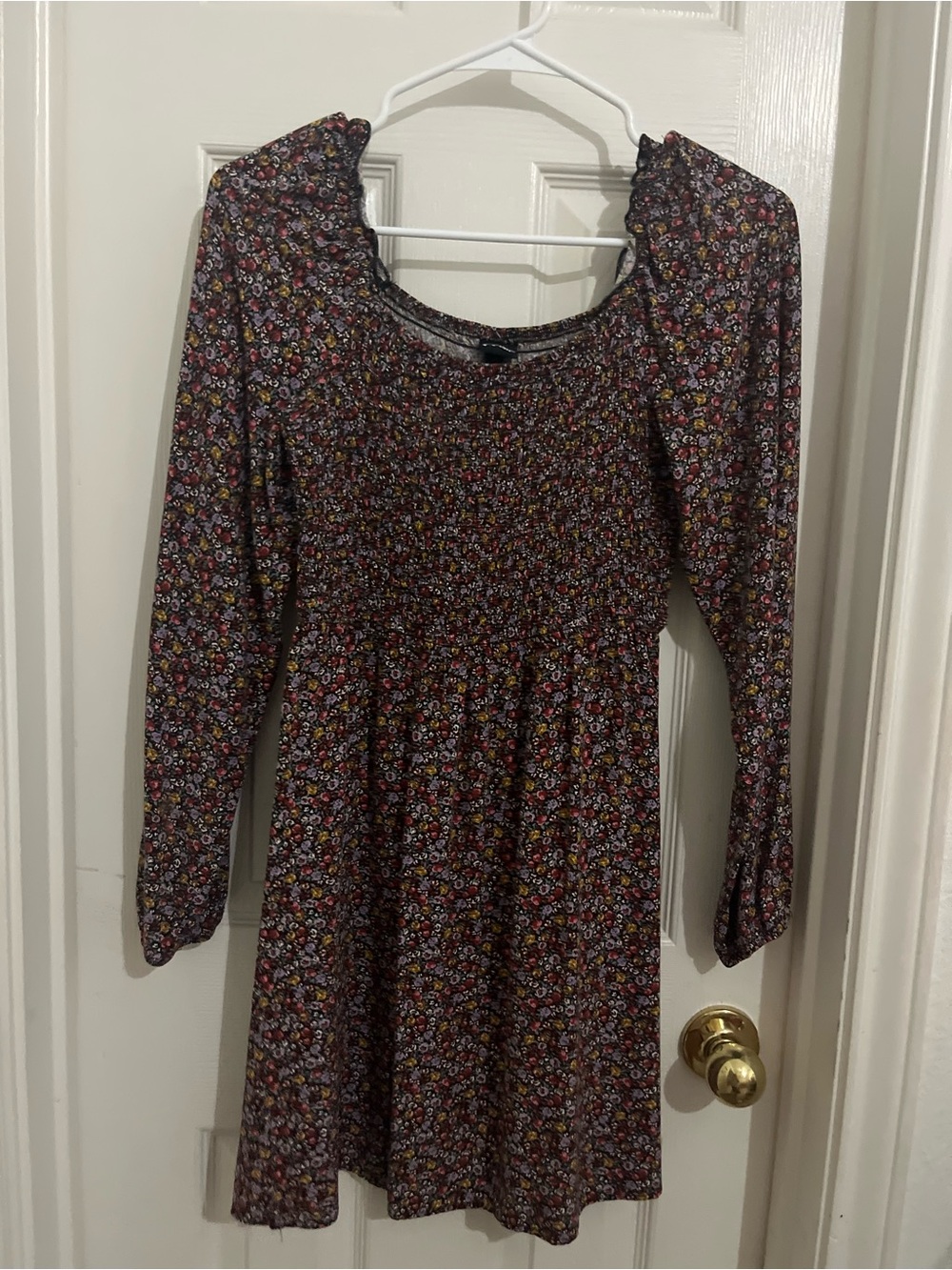 wild fable Burgundy Floral Long-Sleeve Smocked Dress